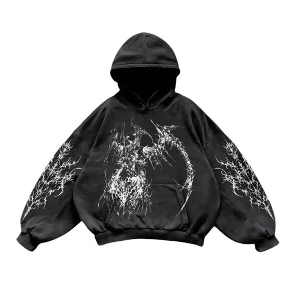 Mens Graphic Hoodie, Black Dark Streetwear Gothic Jacket, Cotton Polysester Blen - Picture 1 of 4